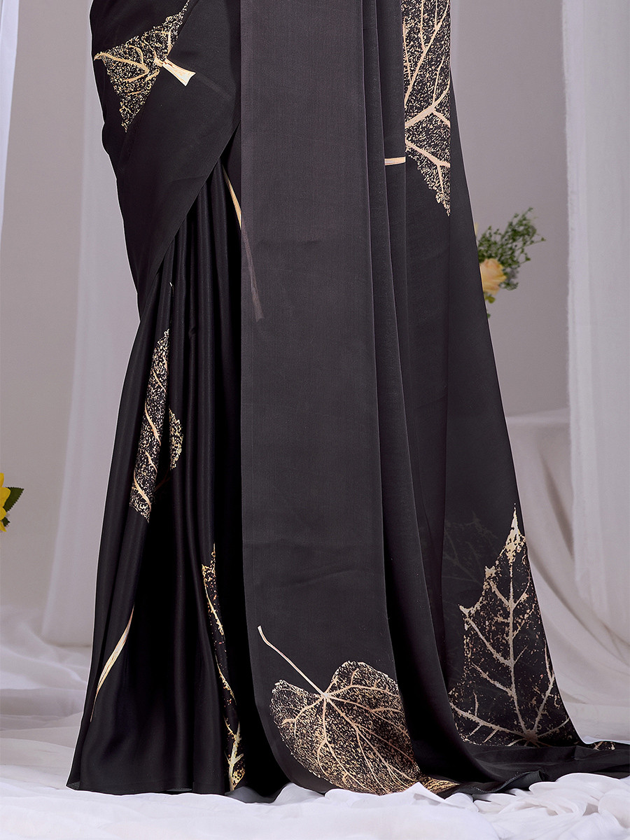 Black Soft Satin Georgette Printed Wedding Reception Party Festival Casual Heavy Border Sarees