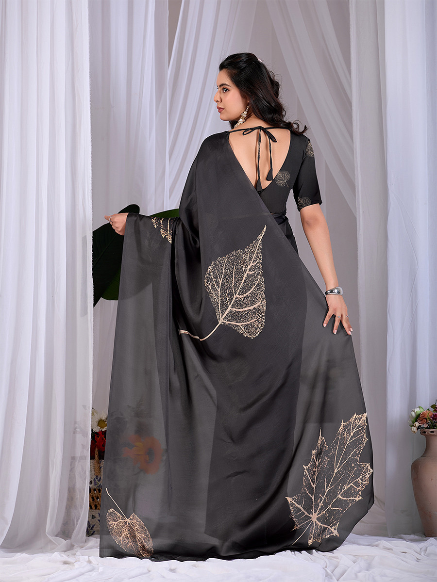 Black Soft Satin Georgette Printed Wedding Reception Party Festival Casual Heavy Border Sarees
