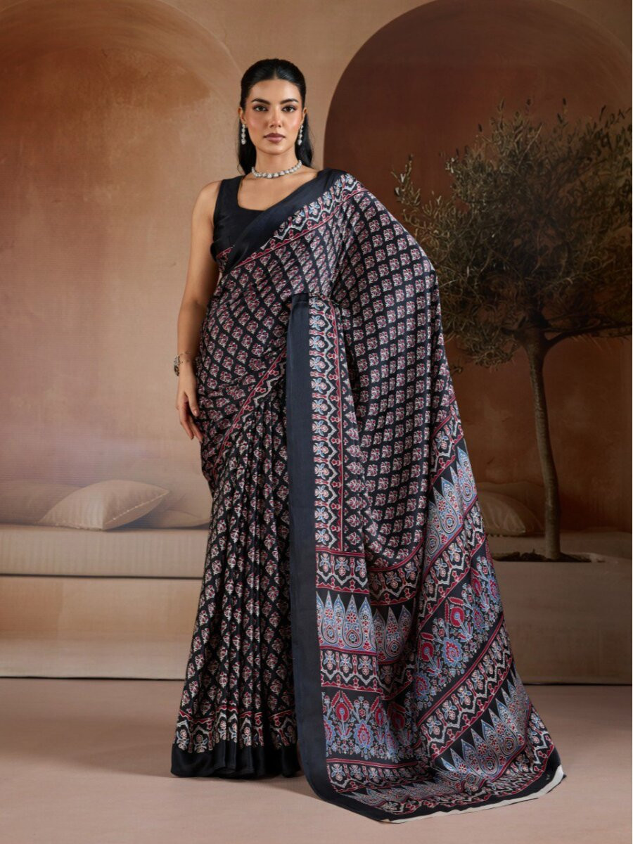 Black Soft Satin Georgette Printed Wedding Reception Party Festival Casual Heavy Border Sarees