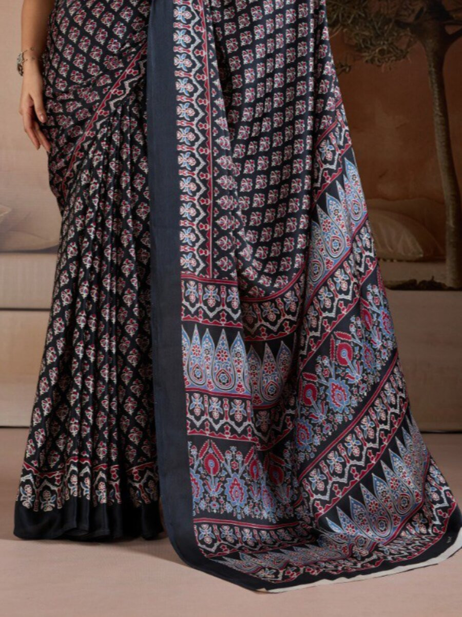 Black Soft Satin Georgette Printed Wedding Reception Party Festival Casual Heavy Border Sarees