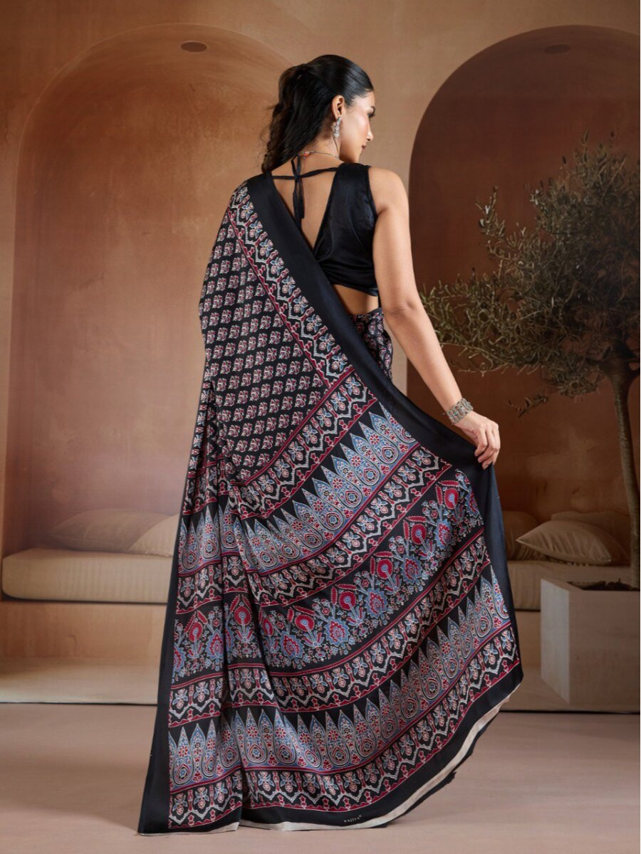 Black Soft Satin Georgette Printed Wedding Reception Party Festival Casual Heavy Border Sarees