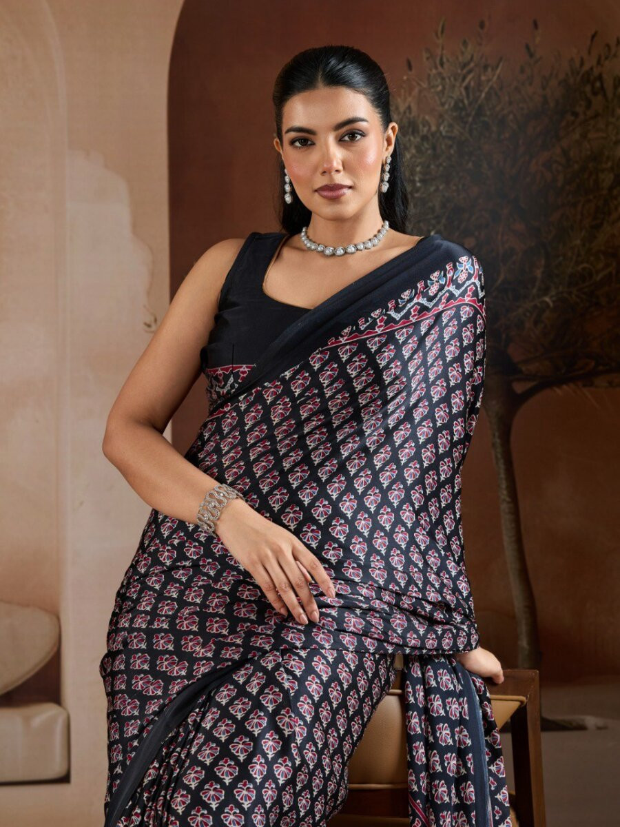 Black Soft Satin Georgette Printed Wedding Reception Party Festival Casual Heavy Border Sarees