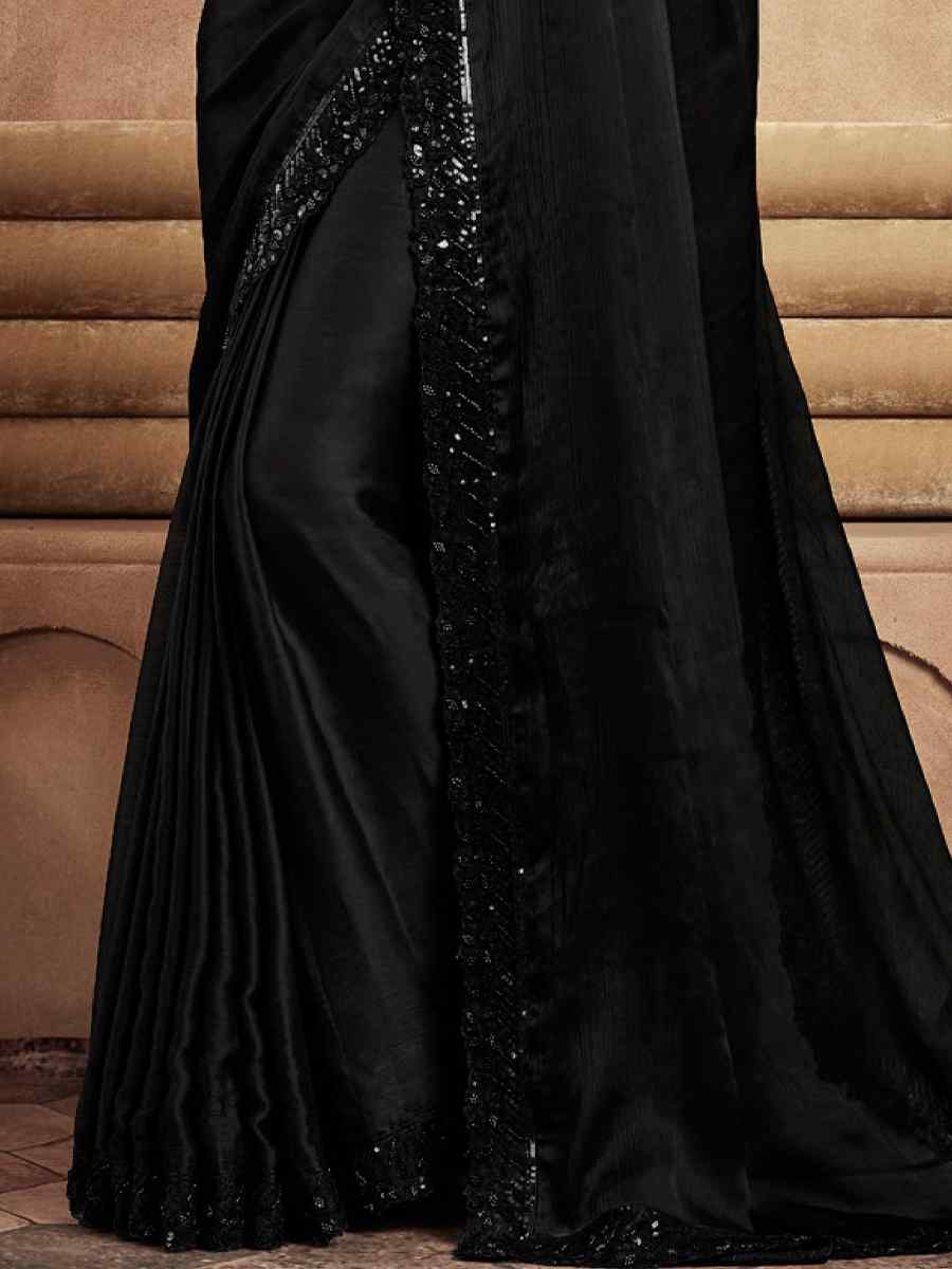 Black Soft Silk Embroidered Bridesmaid Reception Heavy Border Saree