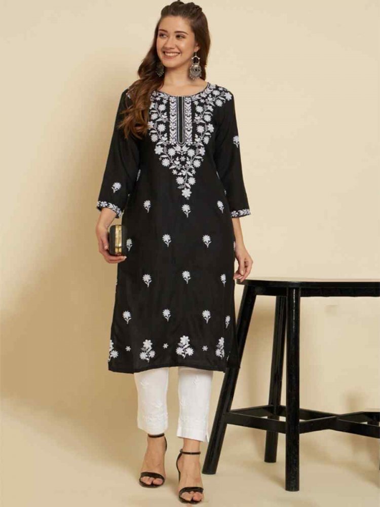 Black Soft Slub Cotton Embroidered Festival Casual Kurti