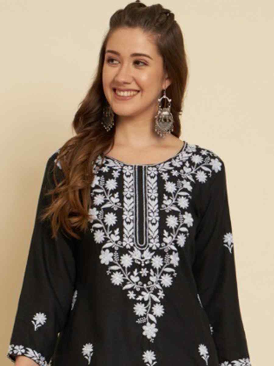 Black Soft Slub Cotton Embroidered Festival Casual Kurti