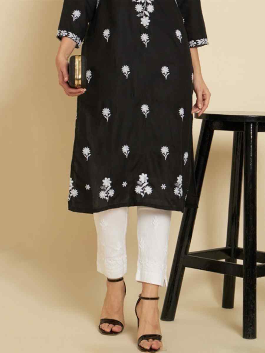 Black Soft Slub Cotton Embroidered Festival Casual Kurti