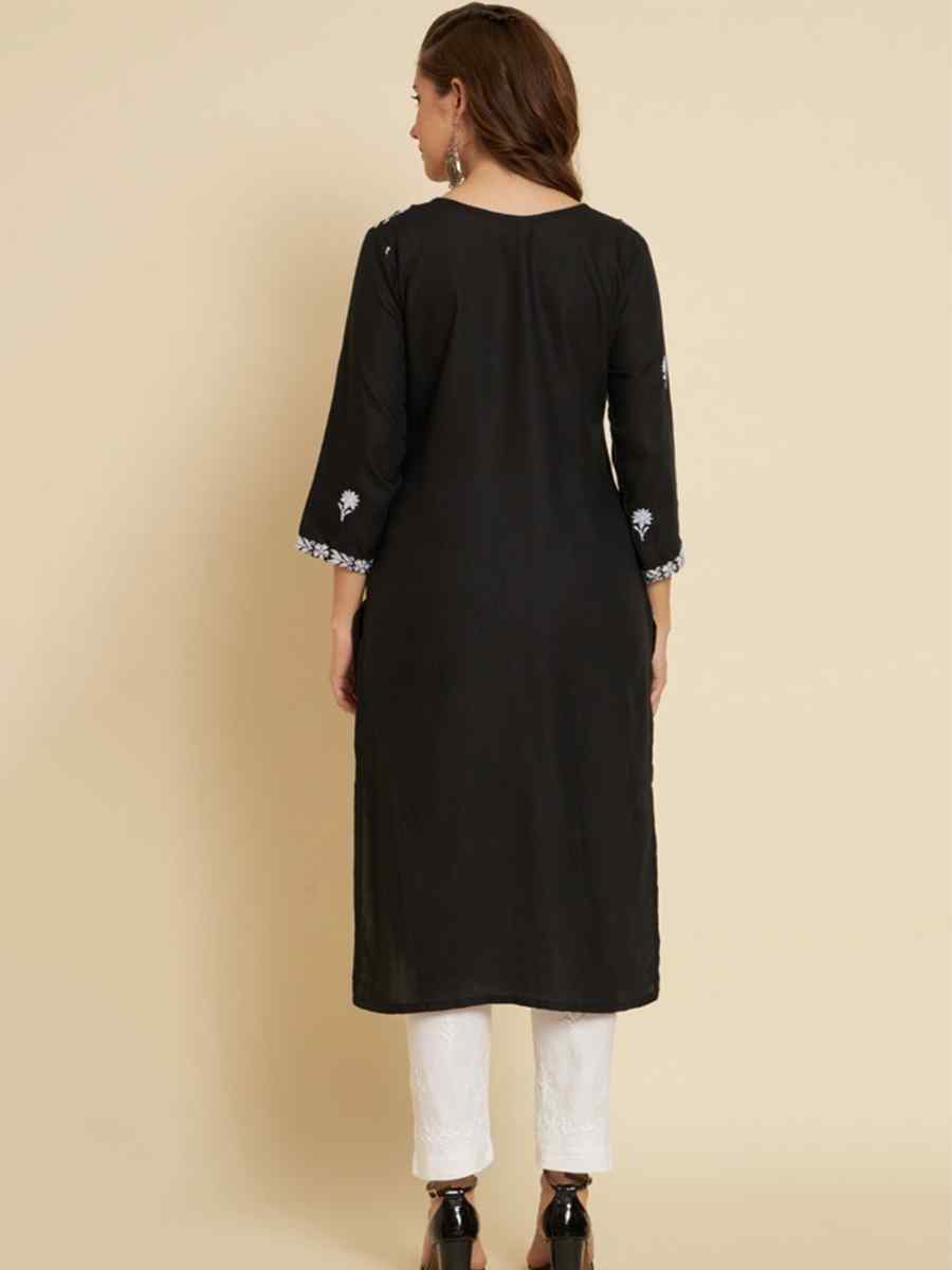 Black Soft Slub Cotton Embroidered Festival Casual Kurti