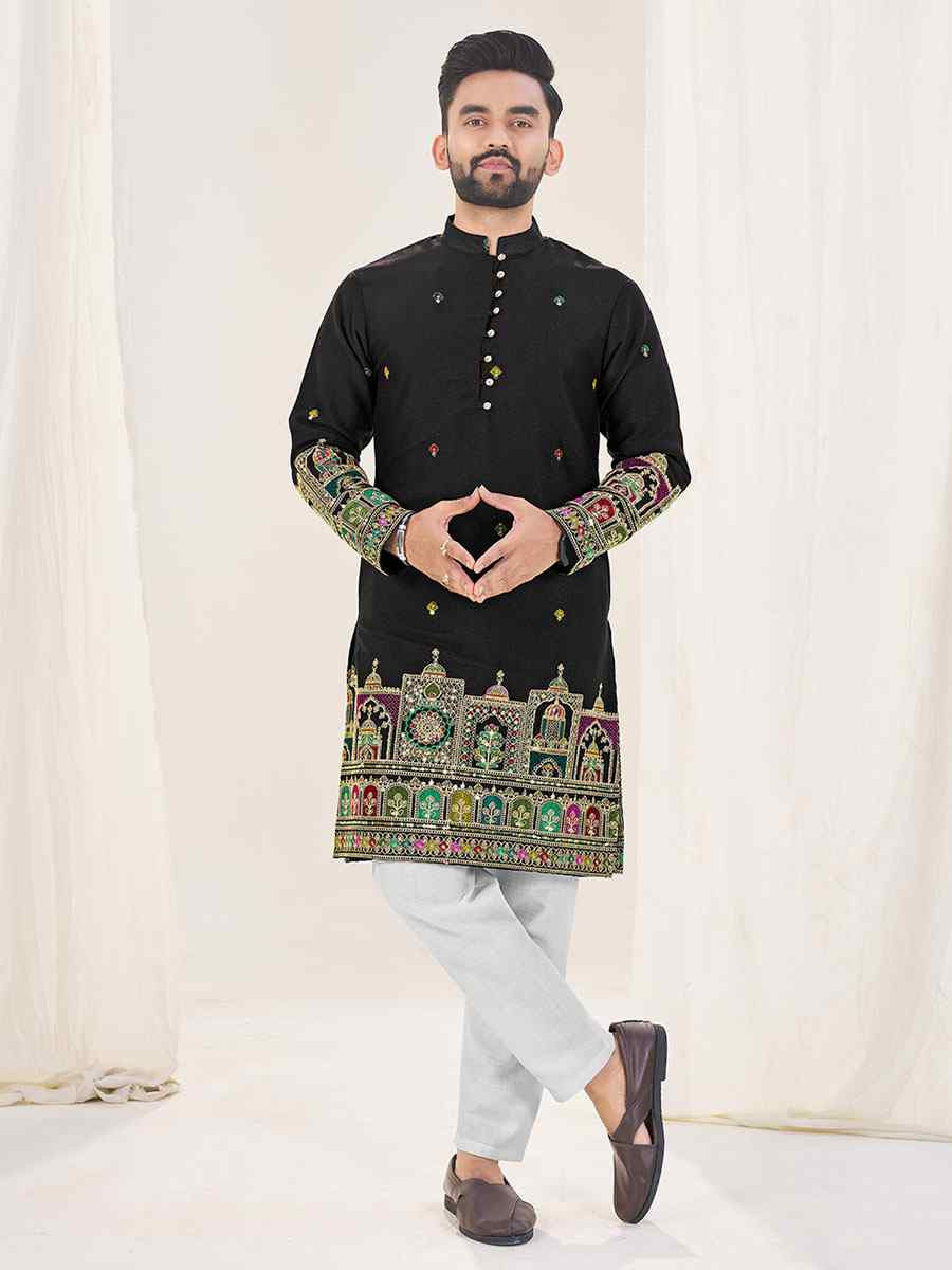 Black Star Georgette Embroidery Festival Wedding Party Kurta