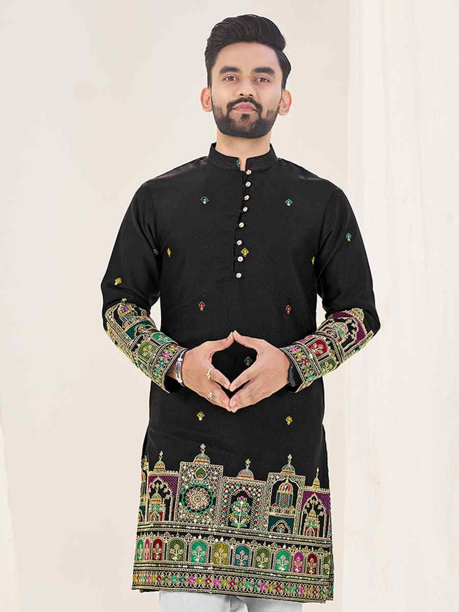 Black Star Georgette Embroidery Festival Wedding Party Kurta