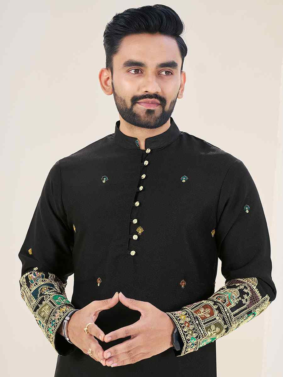 Black Star Georgette Embroidery Festival Wedding Party Kurta