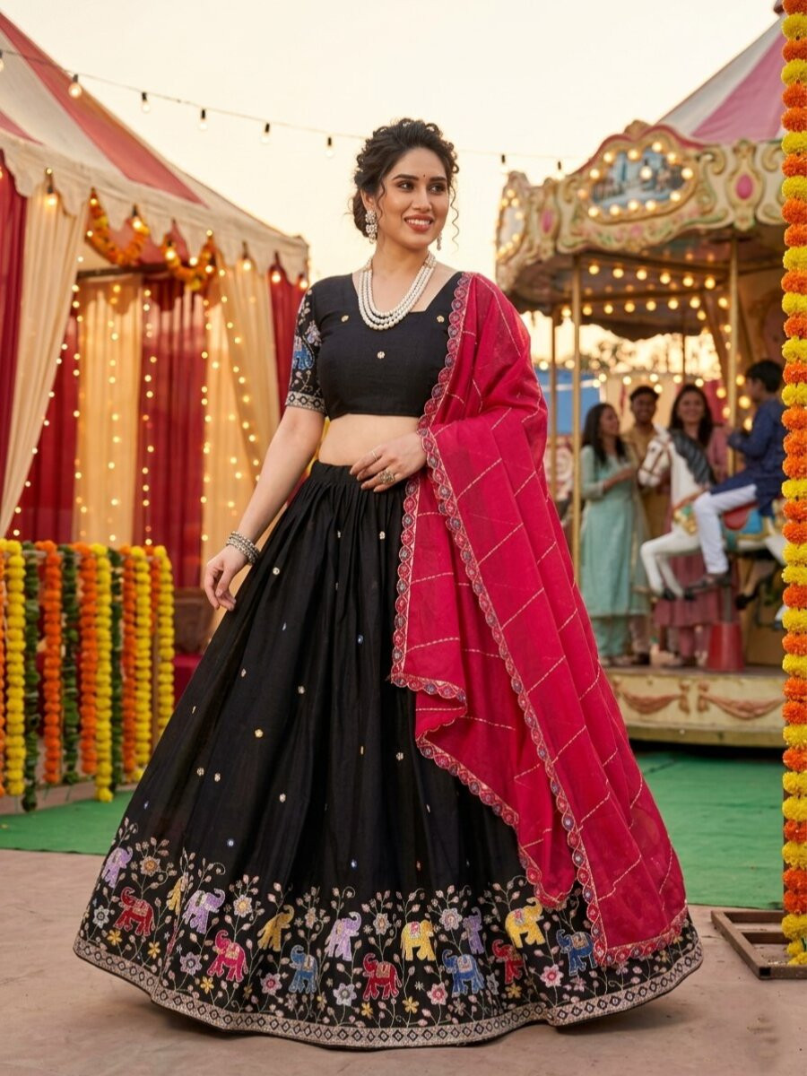 Black Star Georgette Embroidery Sequins Wedding Reception Party Festival Heavy Border Lehenga Choli