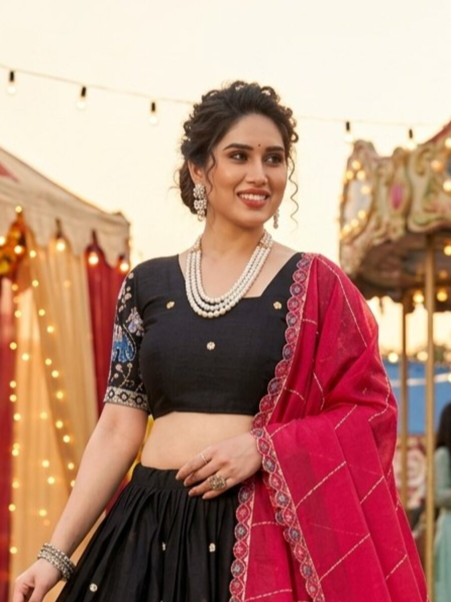 Black Star Georgette Embroidery Sequins Wedding Reception Party Festival Heavy Border Lehenga Choli