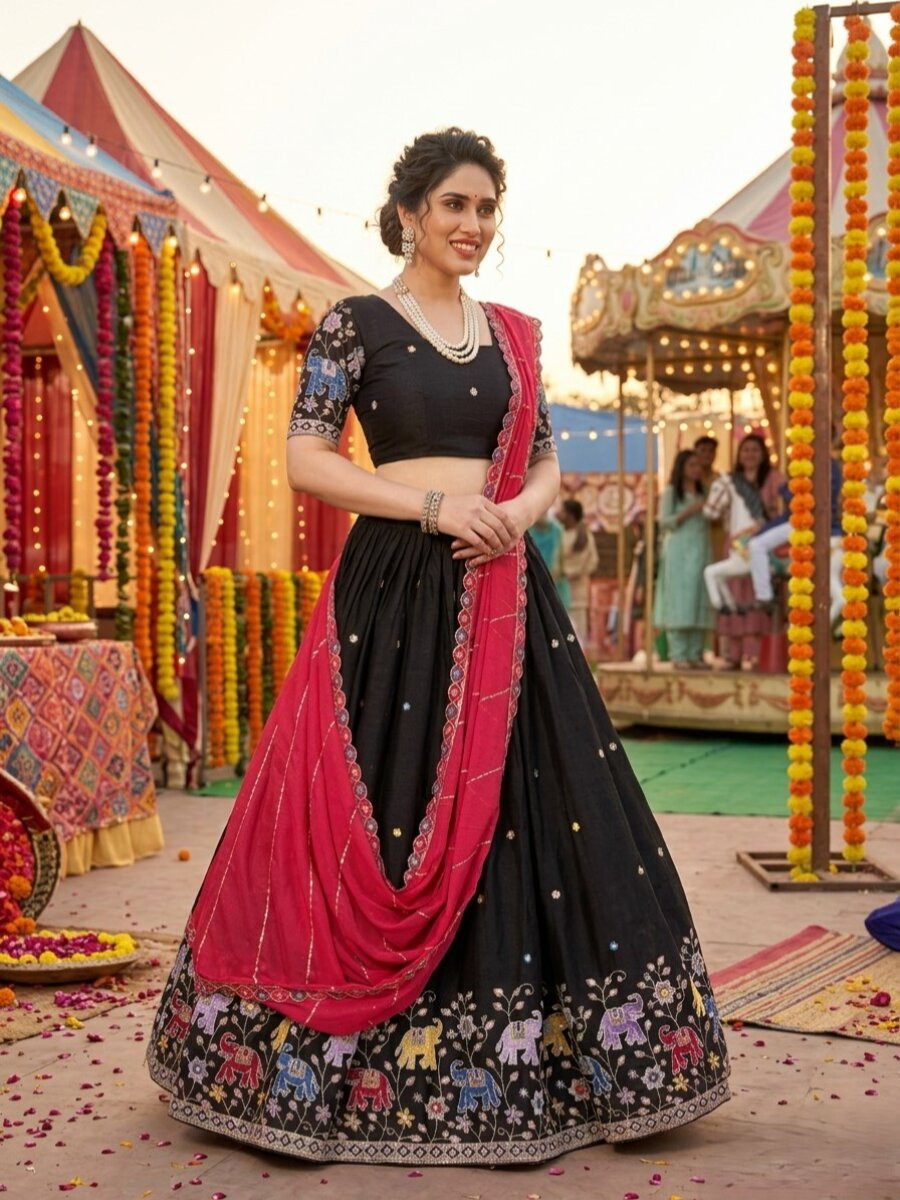 Black Star Georgette Embroidery Sequins Wedding Reception Party Festival Heavy Border Lehenga Choli
