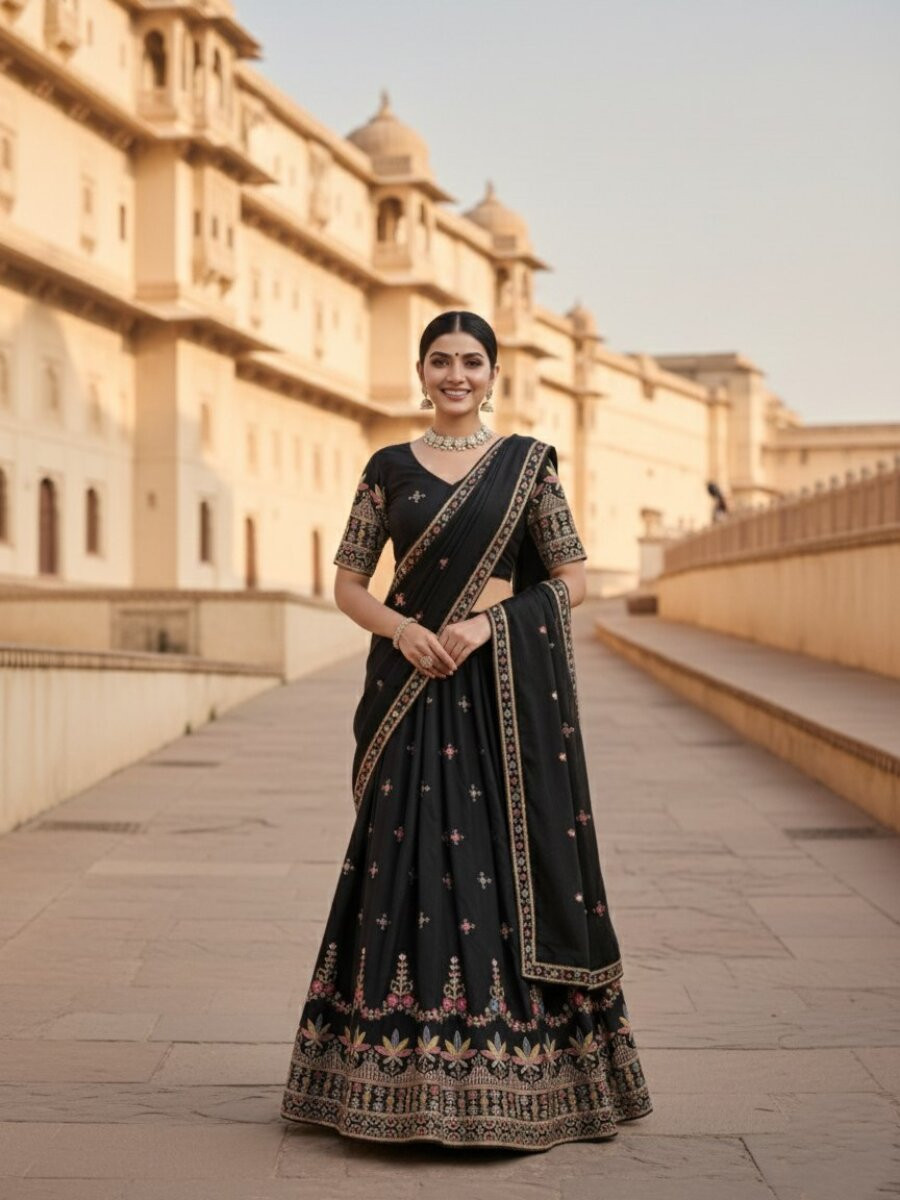 Black Star Georgette Embroidery Wedding Party Festival Heavy Border Lehenga Choli
