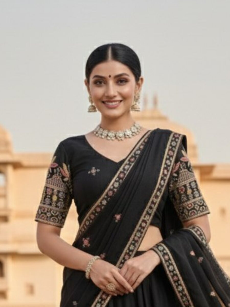 Black Star Georgette Embroidery Wedding Party Festival Heavy Border Lehenga Choli