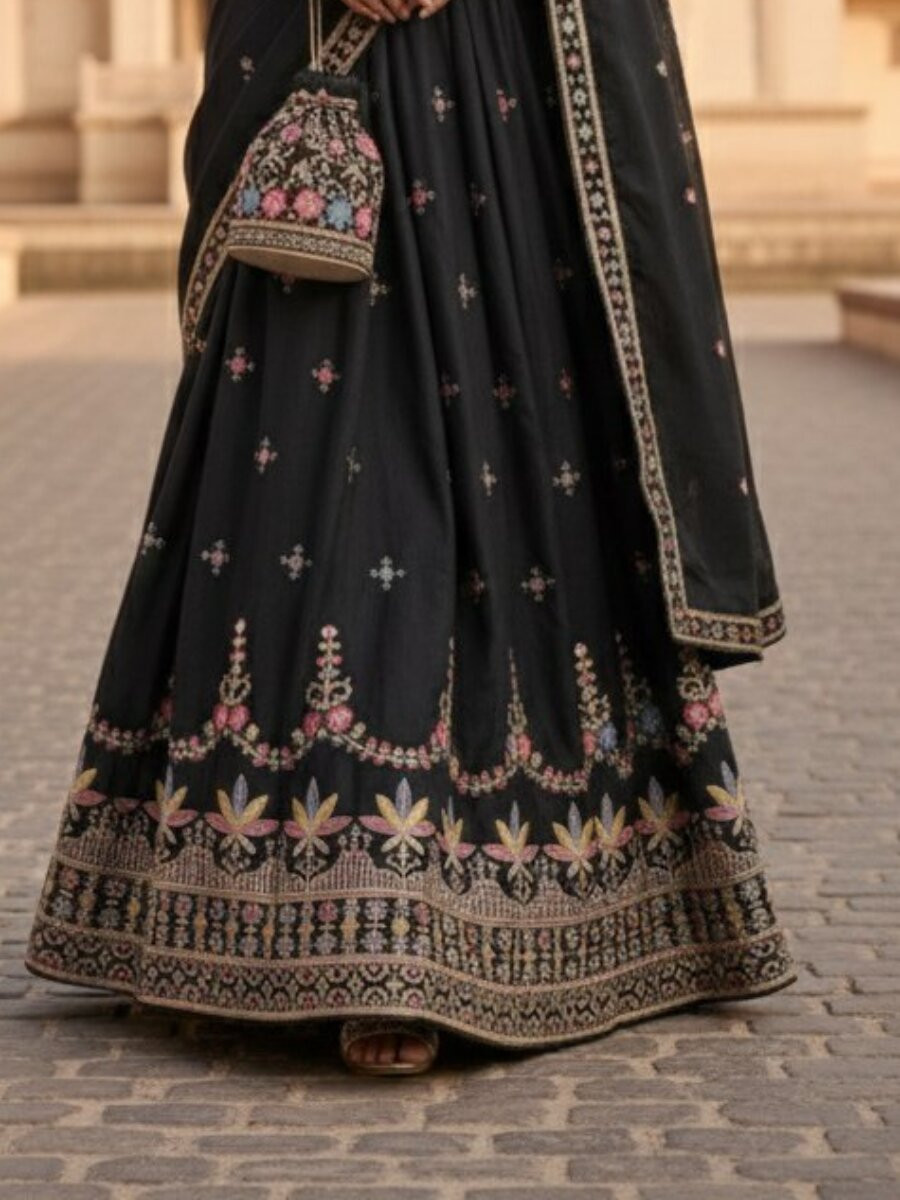 Black Star Georgette Embroidery Wedding Party Festival Heavy Border Lehenga Choli
