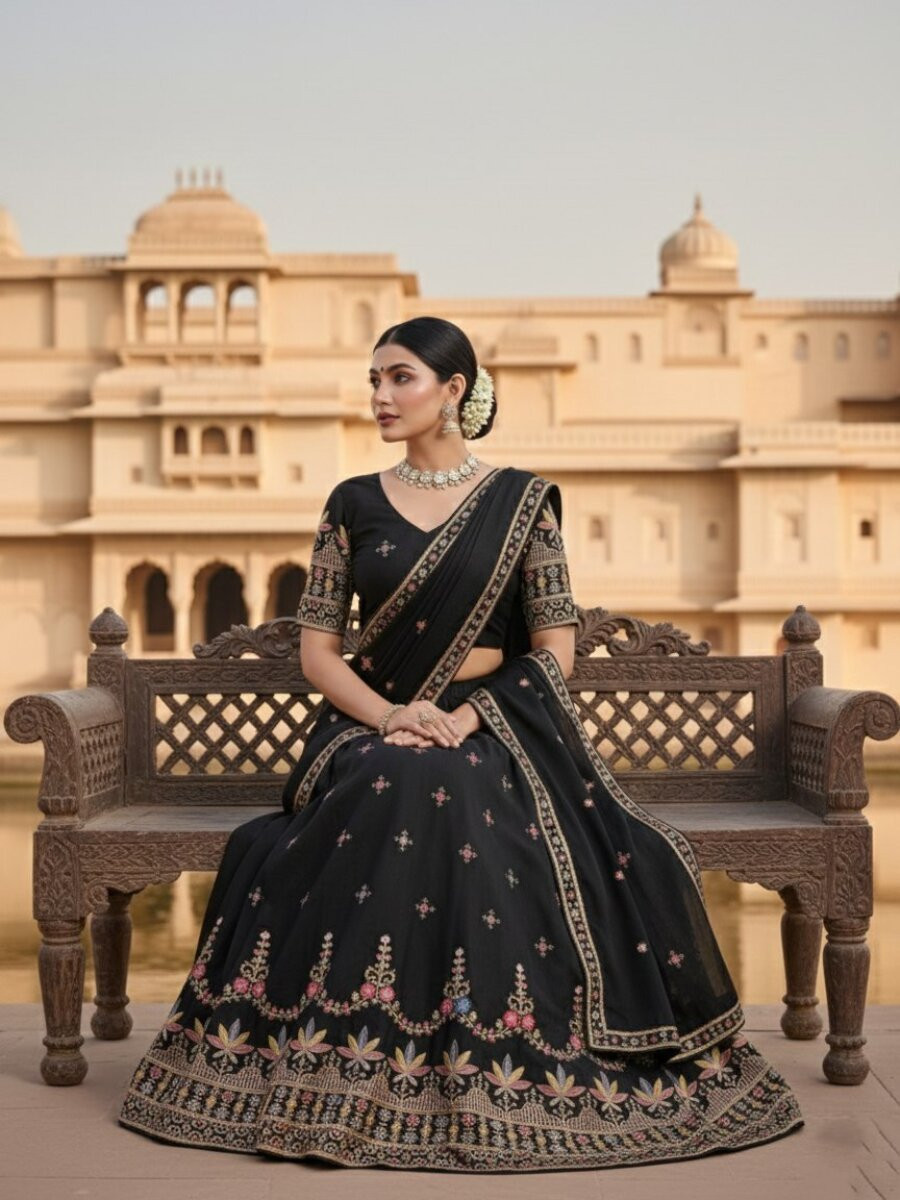 Black Star Georgette Embroidery Wedding Party Festival Heavy Border Lehenga Choli