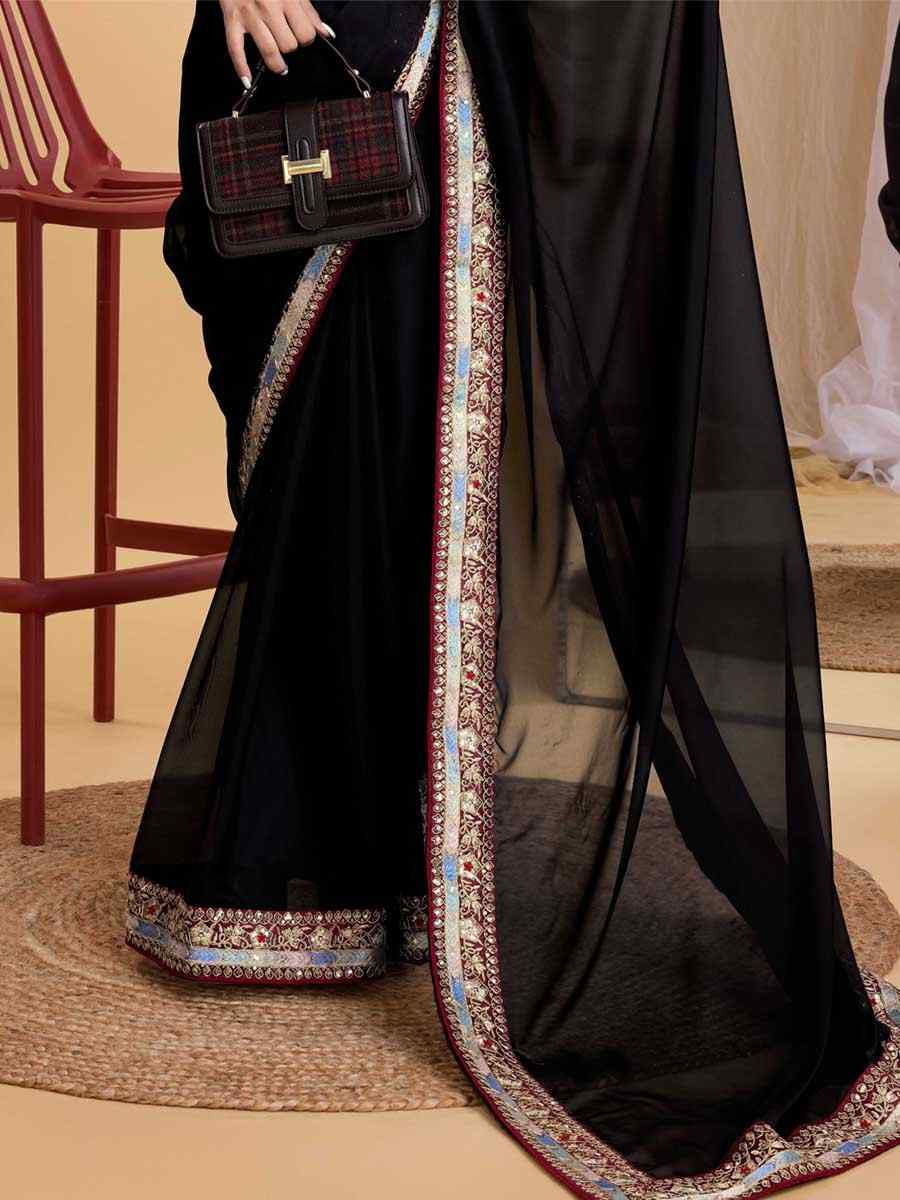 Black Taby Organza Silk Embroidered Bridesmaid Reception Heavy Border Saree