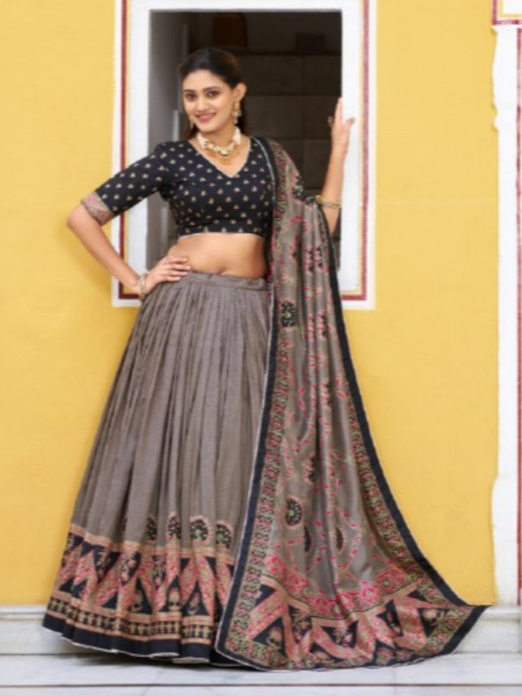 Image of Black Tasar Silk Tasar Silk Lace Work Wedding Reception Party Festival Heavy Border Lehenga Choli
