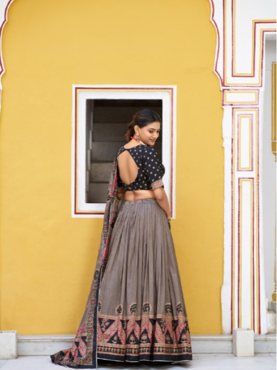 Black Tasar Silk Tasar Silk Lace Work Wedding Reception Party Festival Heavy Border Lehenga Choli