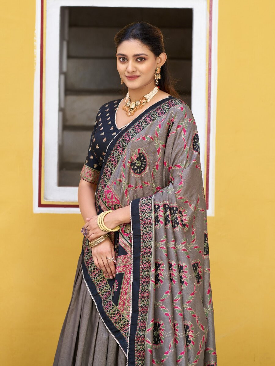 Black Tasar Silk Tasar Silk Lace Work Wedding Reception Party Festival Heavy Border Lehenga Choli