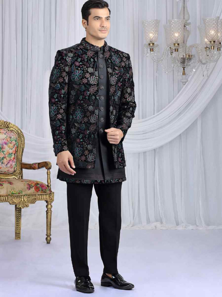 Image of Black Teal Green Valvet Silk Embroidered Festival Wedding Mens 3 PCS Indo Western Set