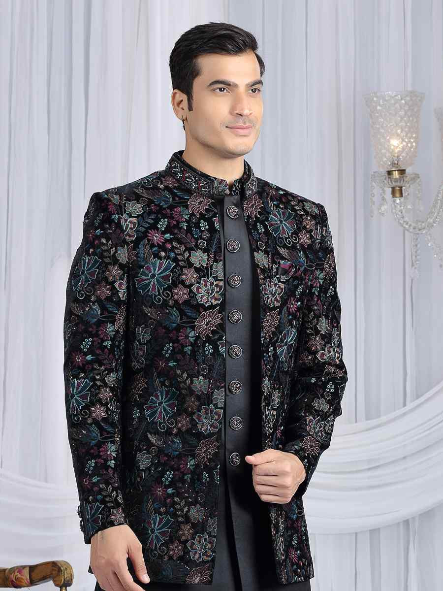 Black Teal Green Valvet Silk Embroidered Festival Wedding Mens 3 PCS Indo Western Set