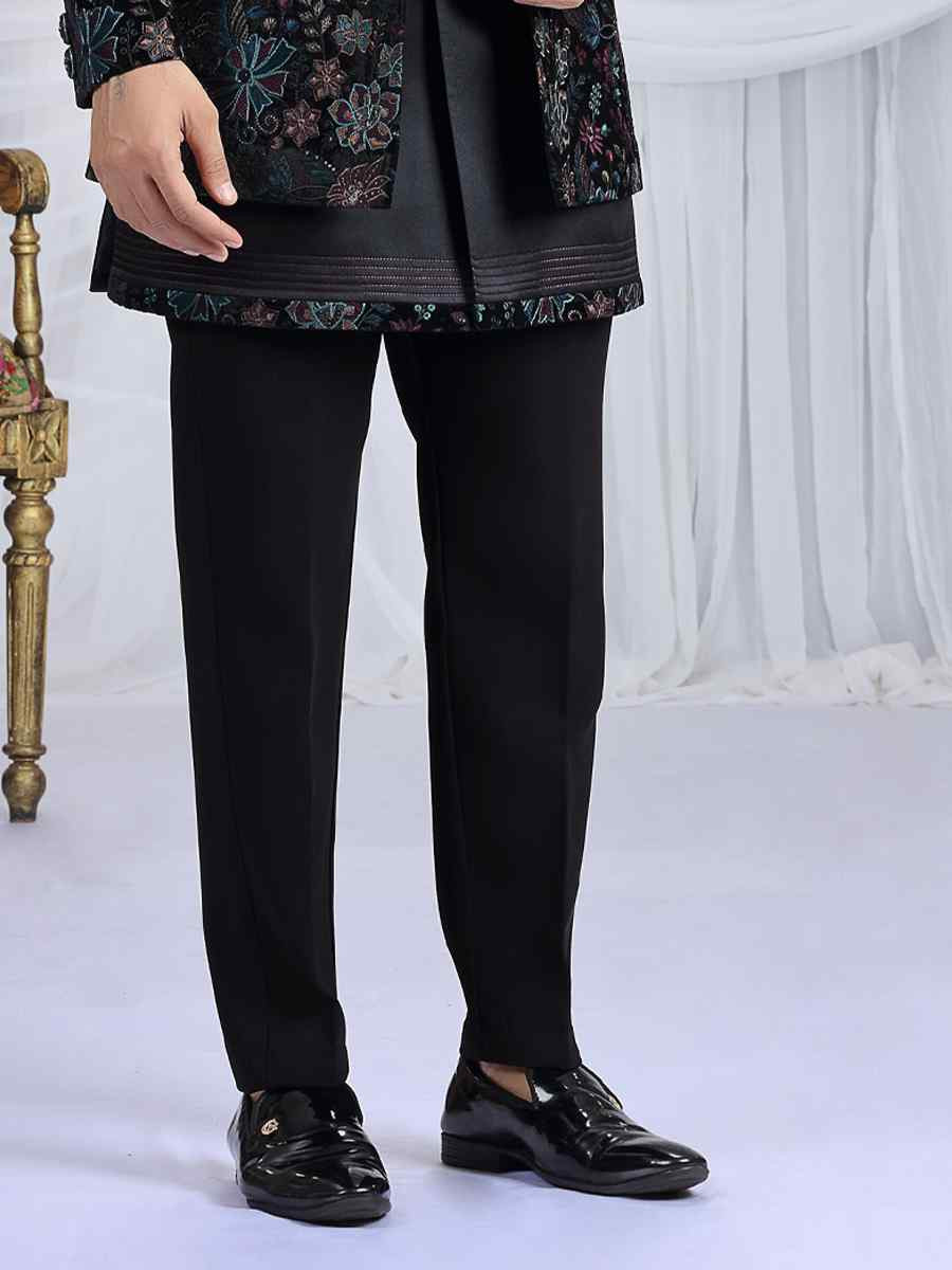 Black Teal Green Valvet Silk Embroidered Festival Wedding Mens 3 PCS Indo Western Set