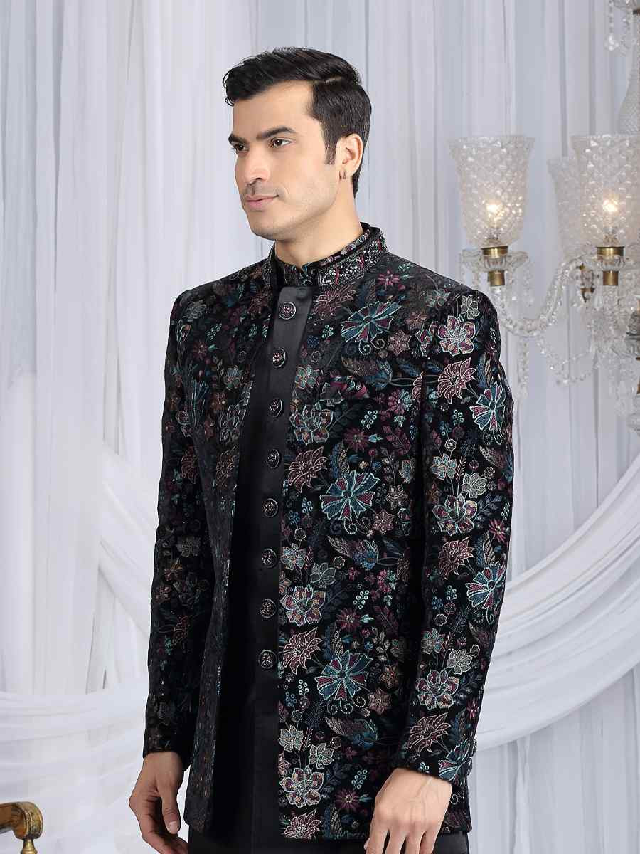 Black Teal Green Valvet Silk Embroidered Festival Wedding Mens 3 PCS Indo Western Set