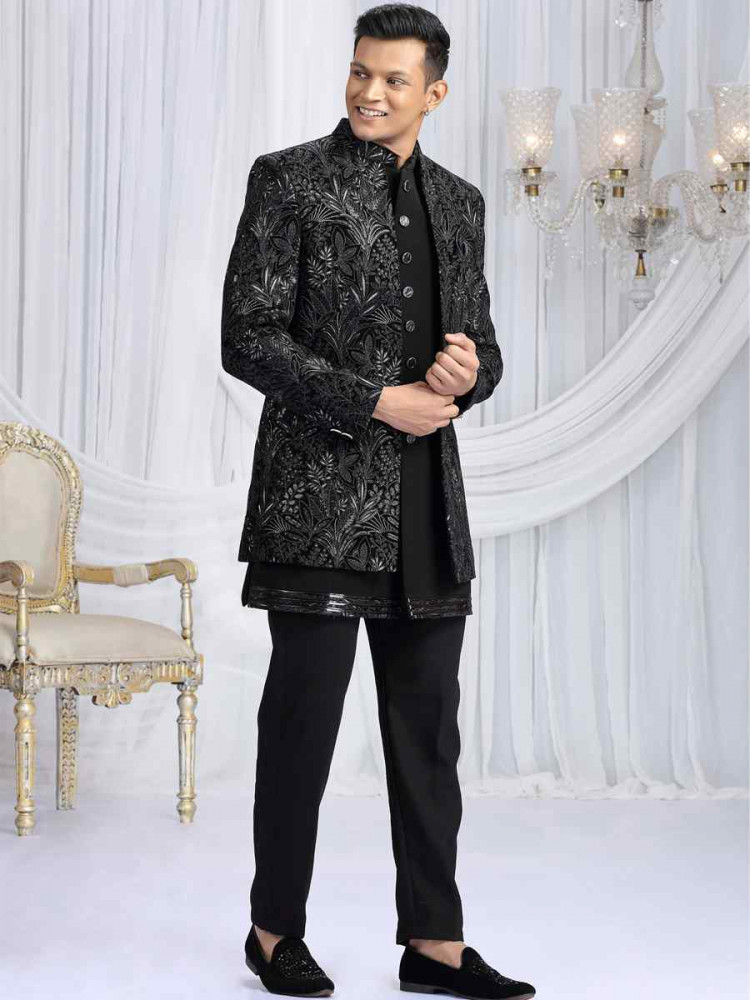 Image of Black Teal Green Valvet Silk Embroidered Festival Wedding Mens 3 PCS Indo Western Set