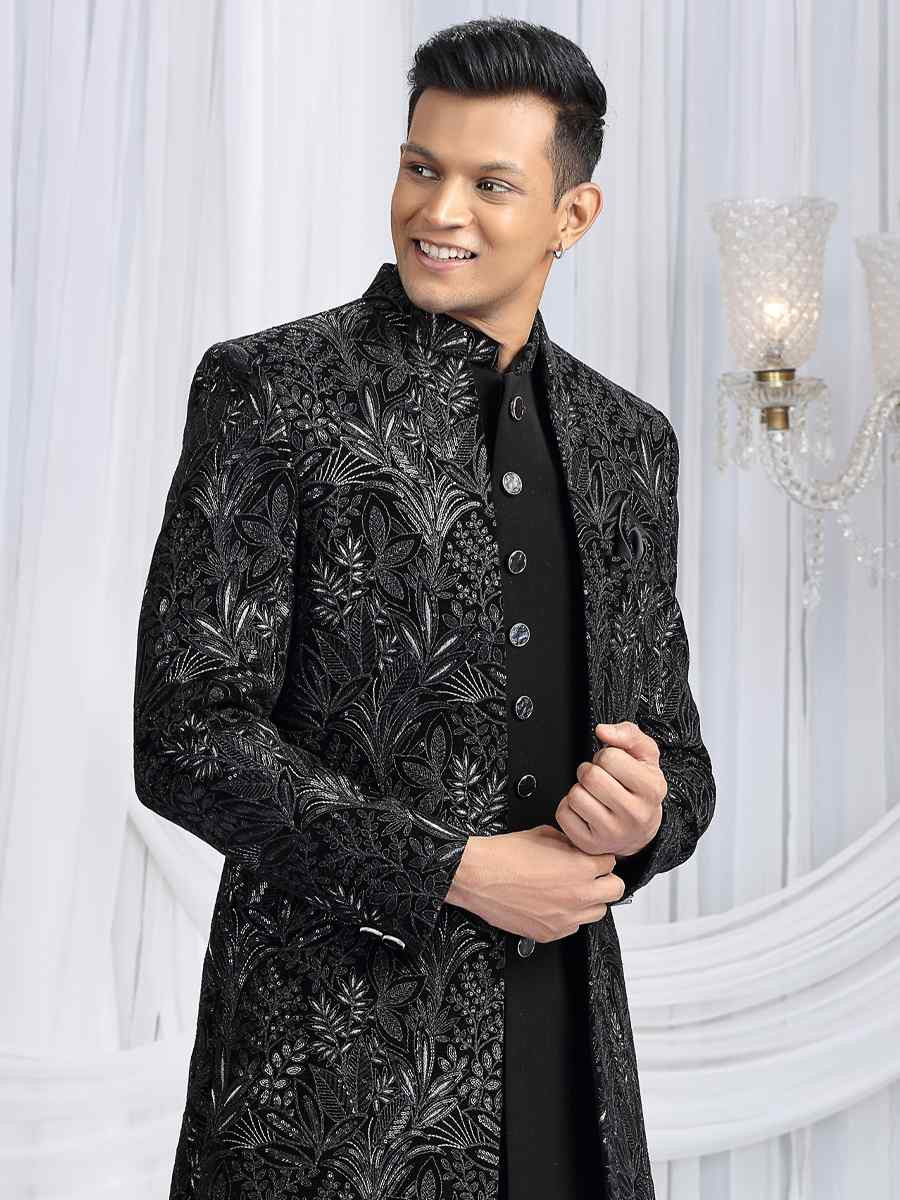 Black Teal Green Valvet Silk Embroidered Festival Wedding Mens 3 PCS Indo Western Set