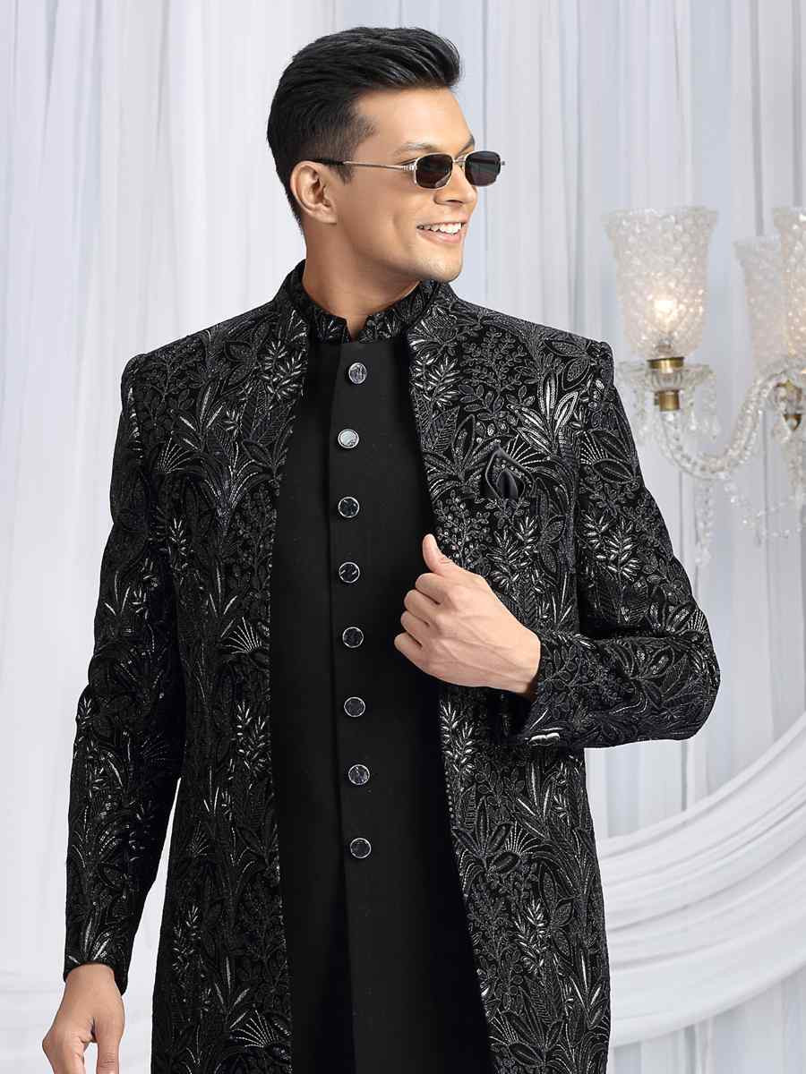 Black Teal Green Valvet Silk Embroidered Festival Wedding Mens 3 PCS Indo Western Set