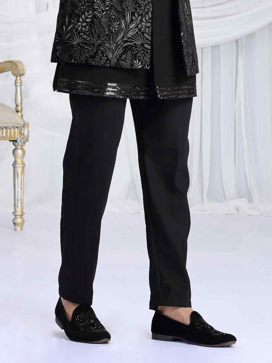 Black Teal Green Valvet Silk Embroidered Festival Wedding Mens 3 PCS Indo Western Set