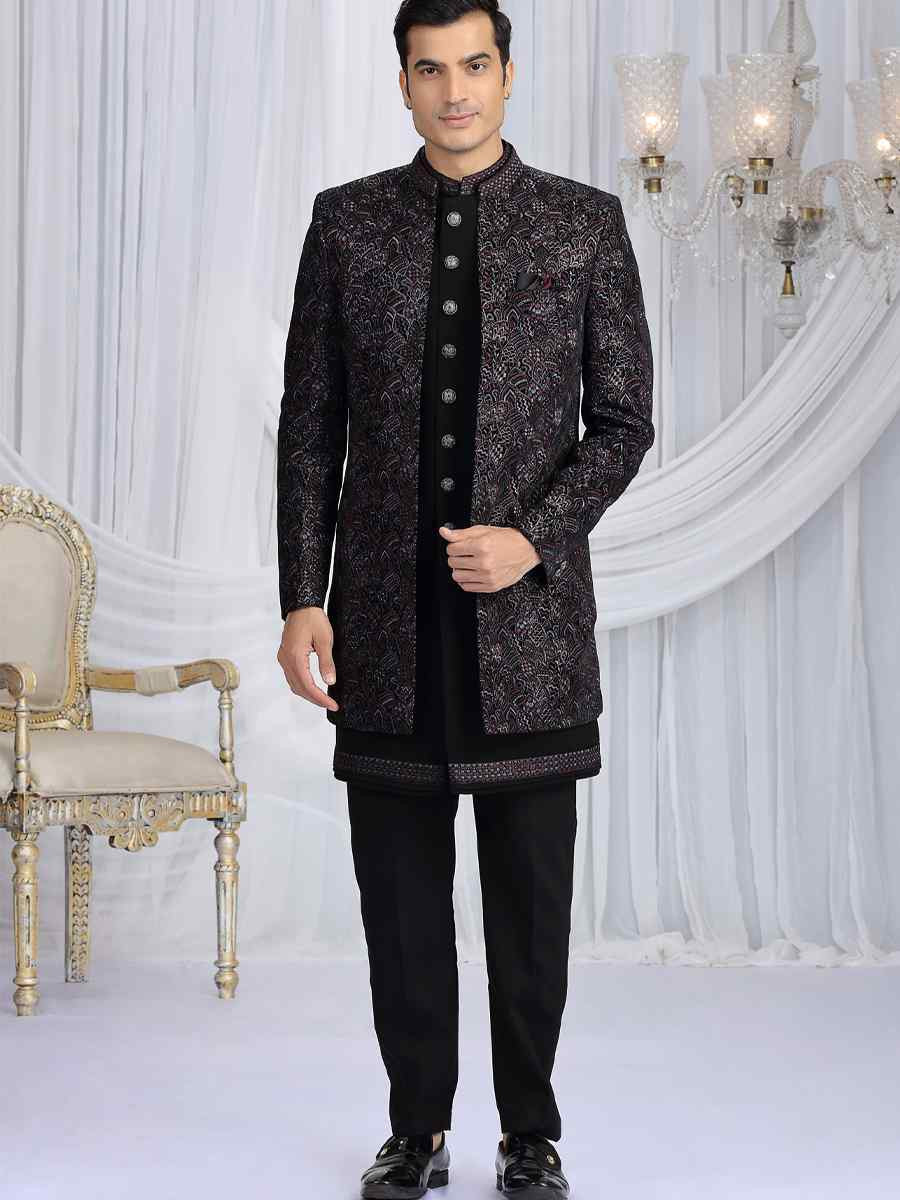 Black Teal Green Valvet Silk Embroidered Festival Wedding Mens 3 PCS Indo Western Set