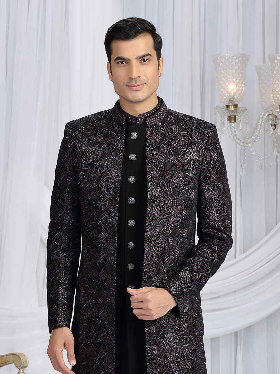 Black Teal Green Valvet Silk Embroidered Festival Wedding Mens 3 PCS Indo Western Set