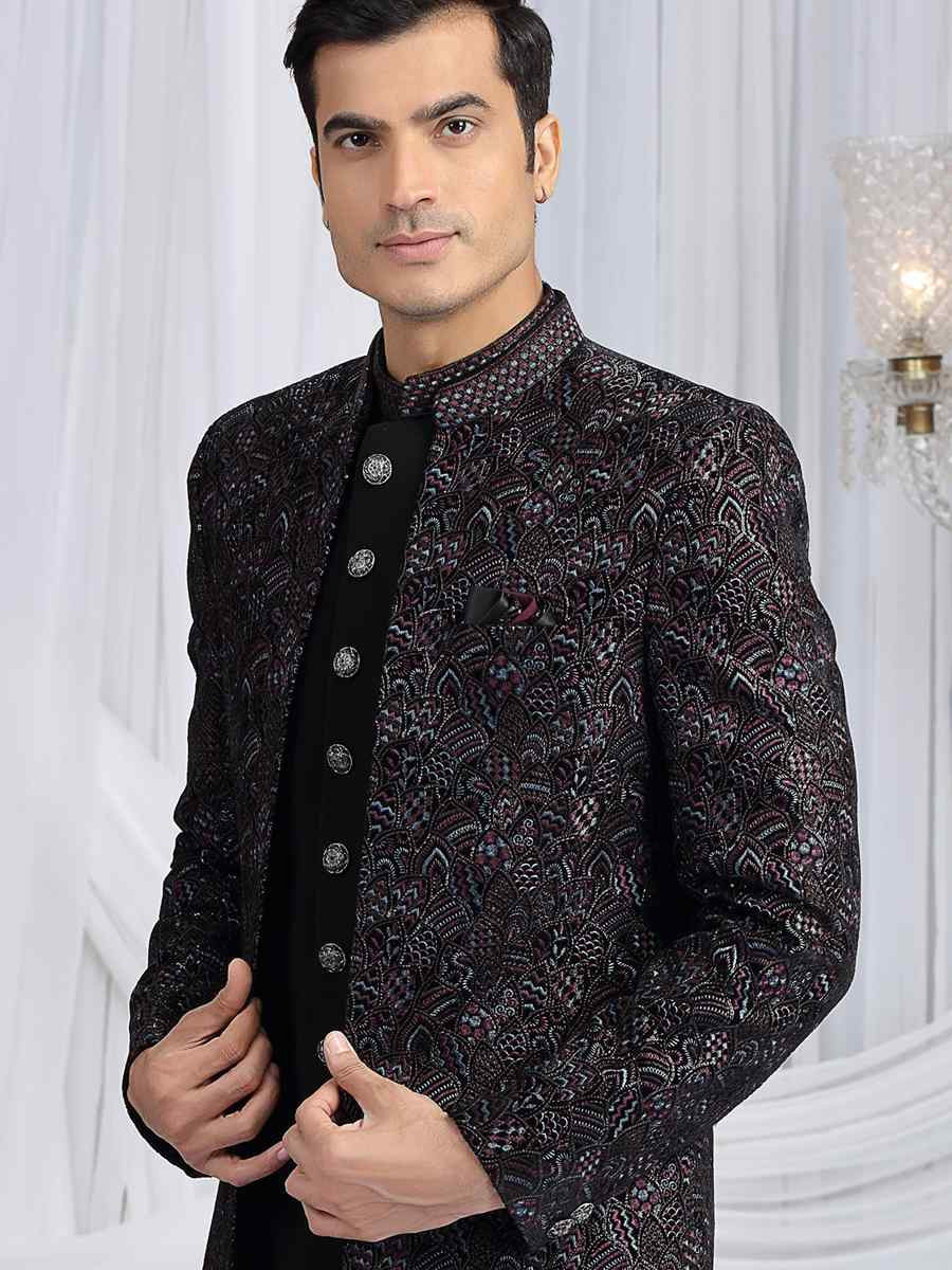 Black Teal Green Valvet Silk Embroidered Festival Wedding Mens 3 PCS Indo Western Set