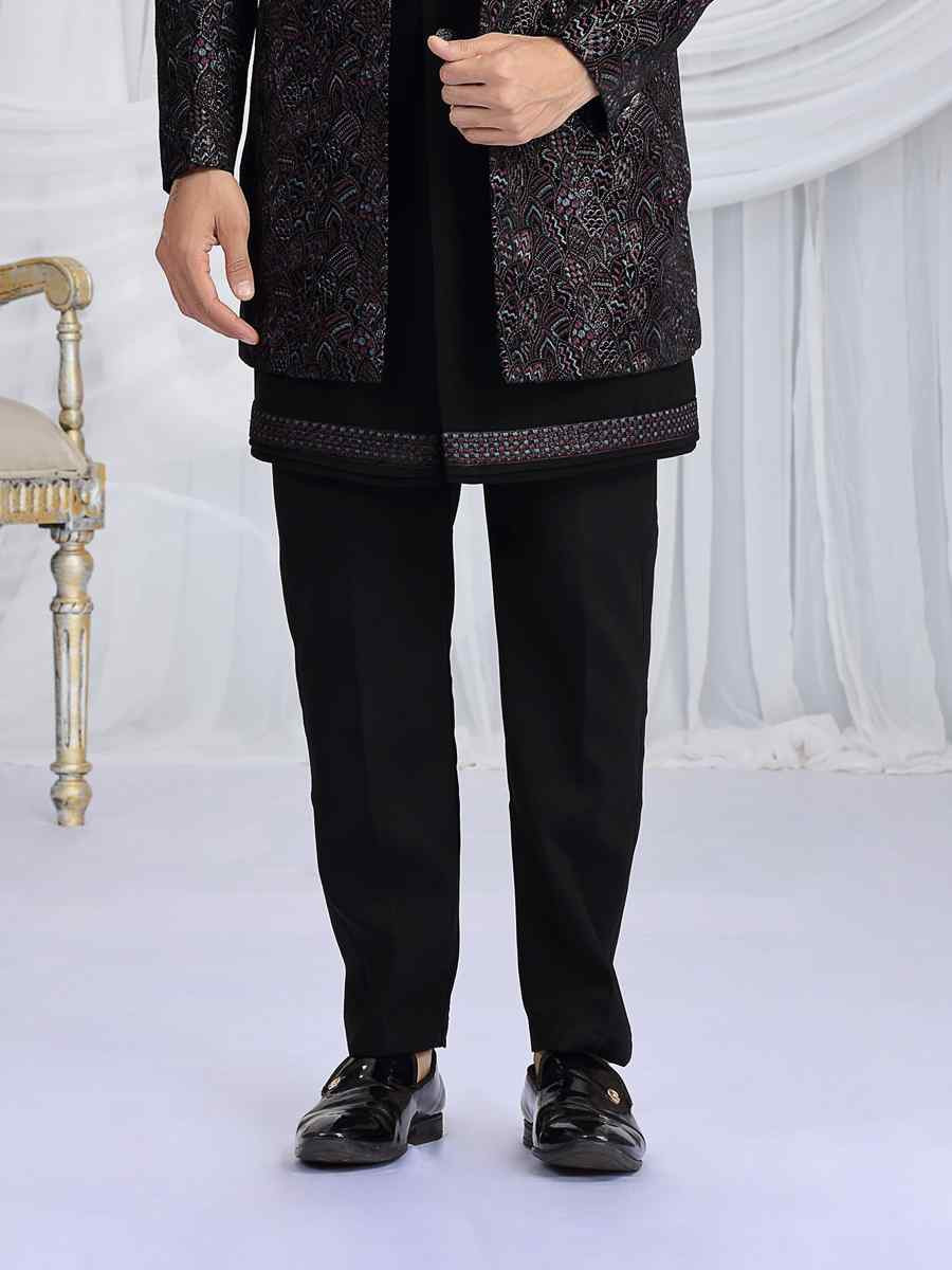 Black Teal Green Valvet Silk Embroidered Festival Wedding Mens 3 PCS Indo Western Set