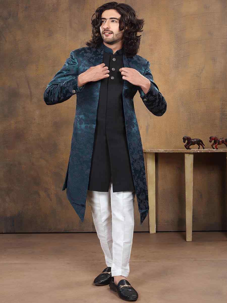 Black Teal Imported Woven Groom Wedding Sherwani