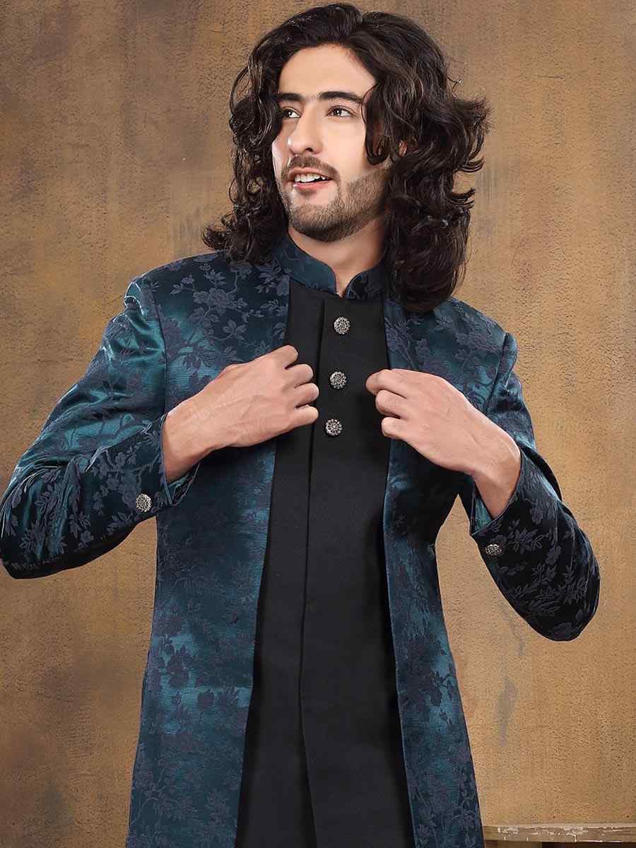 Black Teal Imported Woven Groom Wedding Sherwani