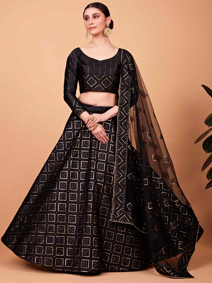 Black Tebi Silk Embroidered Festival Wedding Circular Lehenga Choli