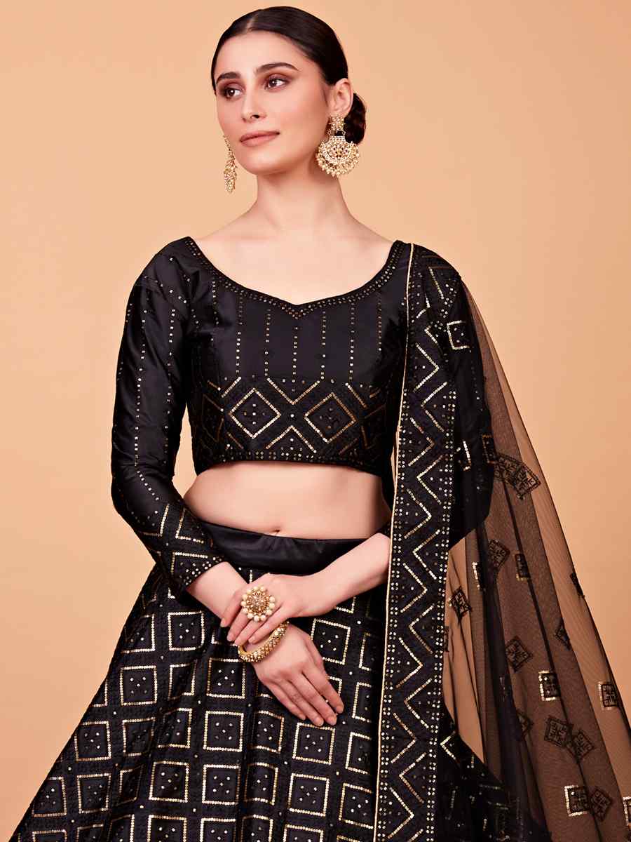 Black Tebi Silk Embroidered Festival Wedding Circular Lehenga Choli