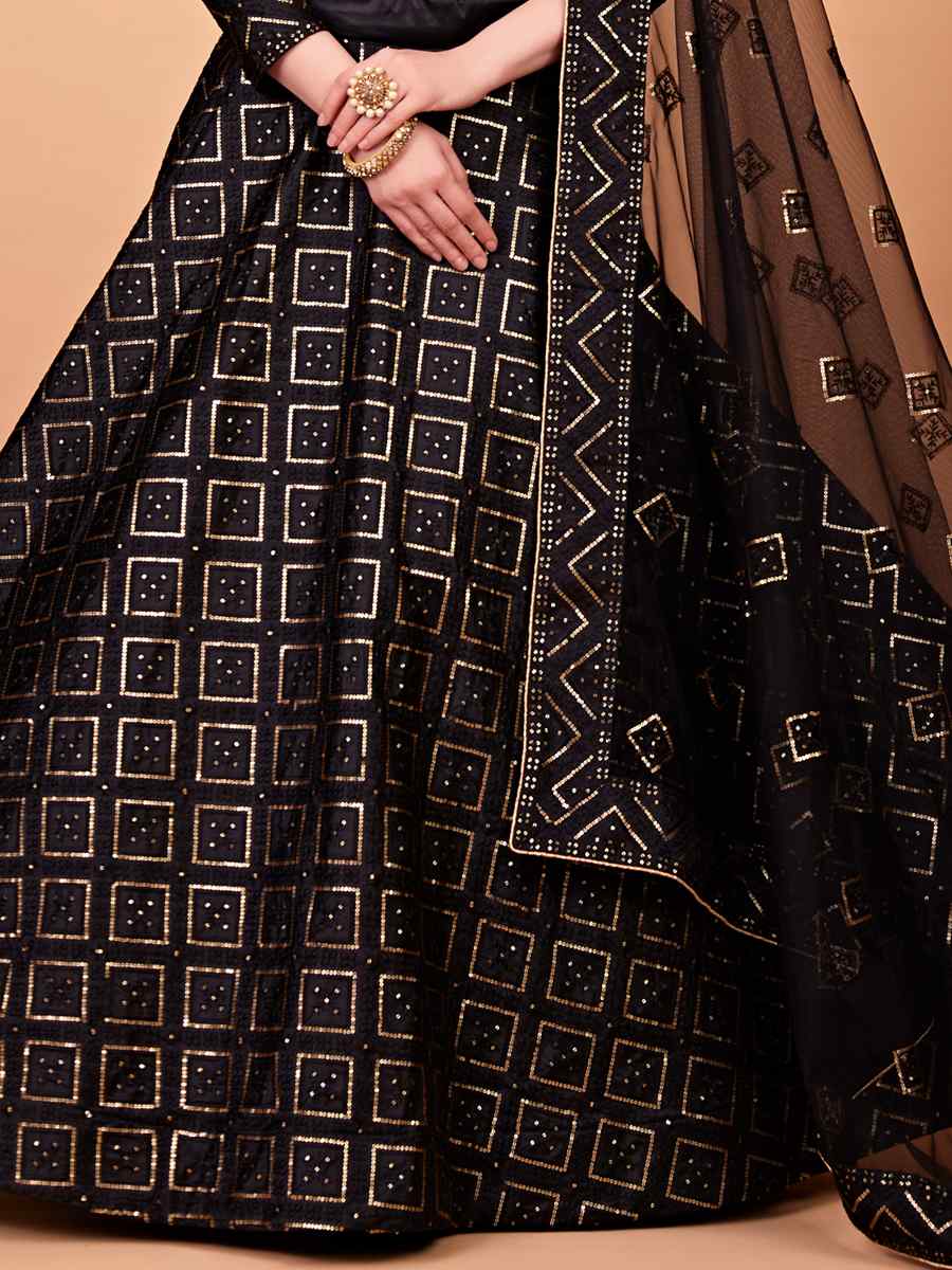 Black Tebi Silk Embroidered Festival Wedding Circular Lehenga Choli