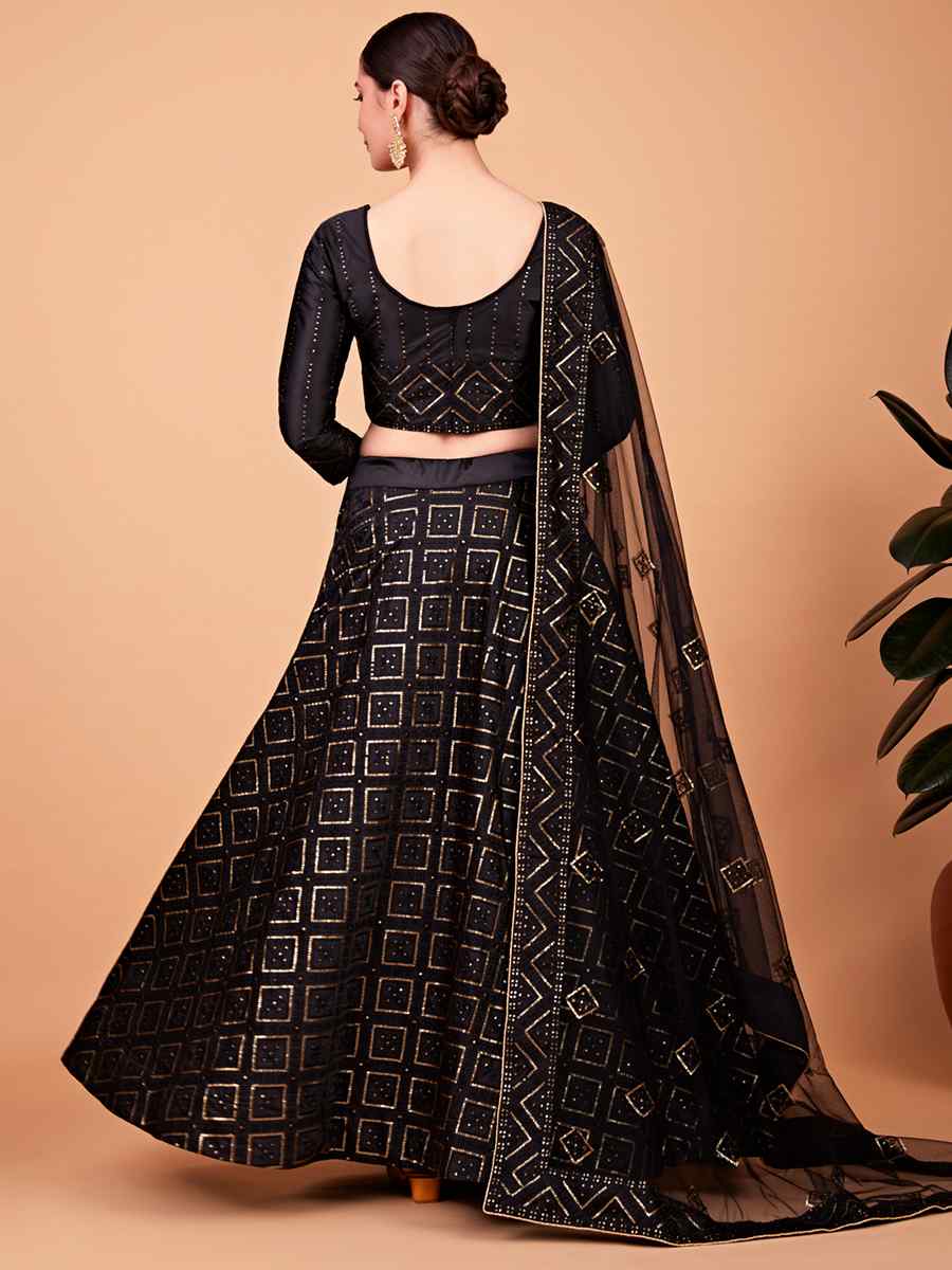 Black Tebi Silk Embroidered Festival Wedding Circular Lehenga Choli