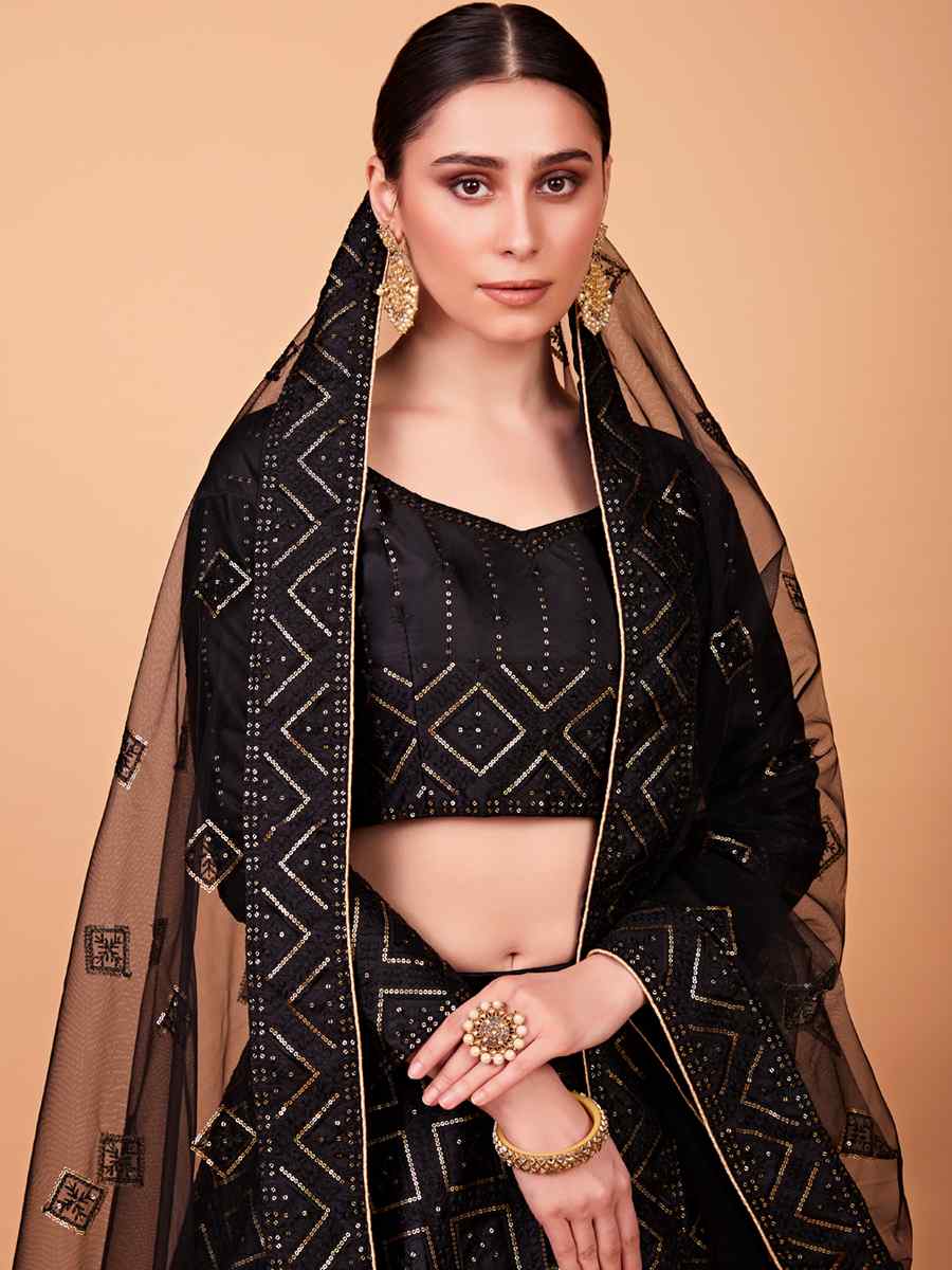 Black Tebi Silk Embroidered Festival Wedding Circular Lehenga Choli