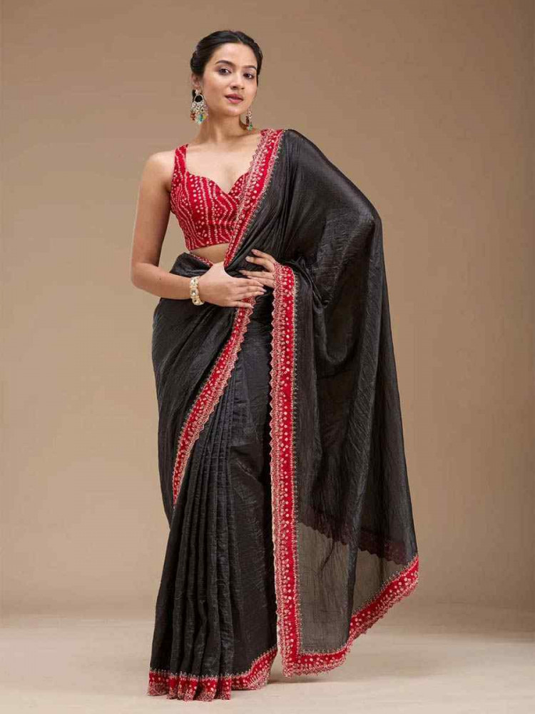 Image of Black Tissue Gold Crush Embroidery Bridal Festival Wedding Traditional Fancy Heavy Border Sarees