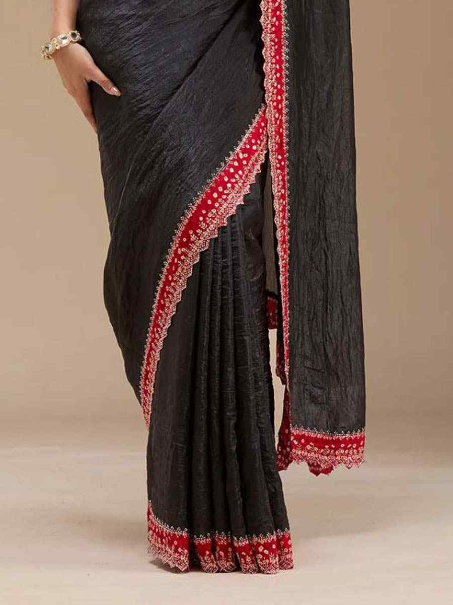 Black Tissue Gold Crush Embroidery Bridal Festival Wedding Traditional Fancy Heavy Border Sarees