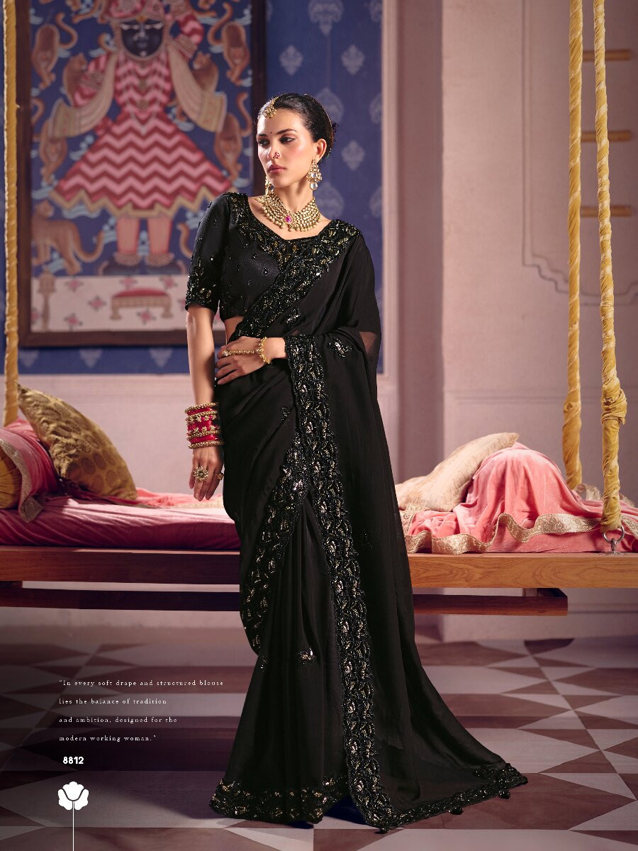 Black Tissue Silk Embroidery Sequins Zari Wedding Party Festival Casual Heavy Border Sarees