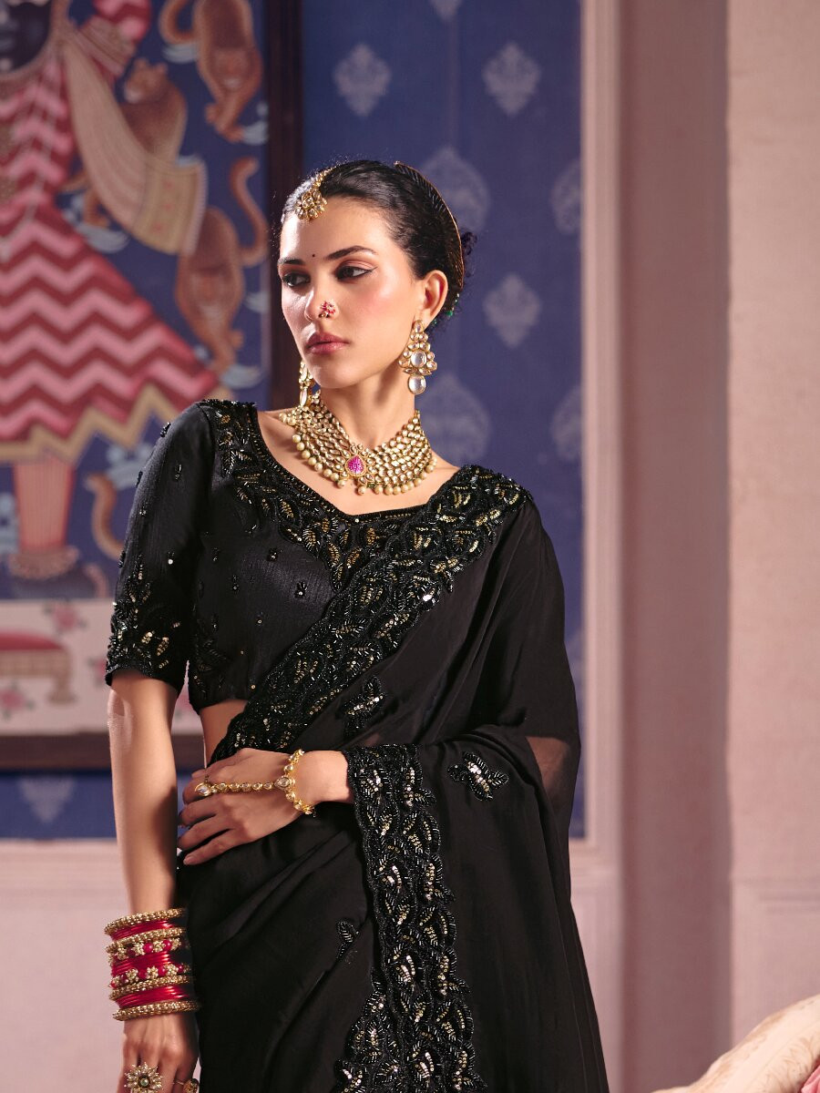 Black Tissue Silk Embroidery Sequins Zari Wedding Party Festival Casual Heavy Border Sarees
