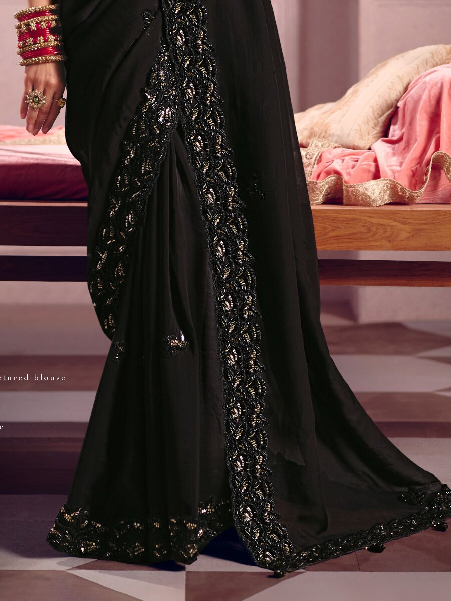 Black Tissue Silk Embroidery Sequins Zari Wedding Party Festival Casual Heavy Border Sarees