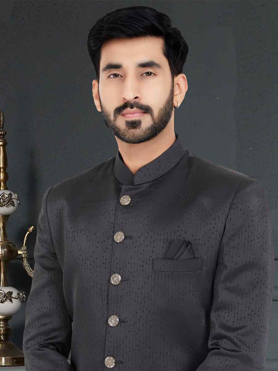 Black Turkey Sartin Weaving Woven Festival Party Sherwani